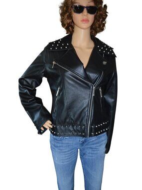 Rocawear Black Faux Leather Studded Biker Moto Jacket Women Size M Punk Spikes